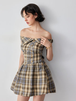 Plaid Off-shoulder Asymmetrical Metal Detail A-line Mini Dress