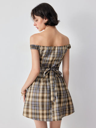 Plaid Off-shoulder Asymmetrical Metal Detail A-line Mini Dress