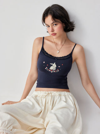 Bunny Graphic Sweetheart Neck Embroidery Lace Trim Bowknot Cami Top