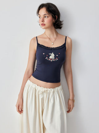Bunny Graphic Sweetheart Neck Embroidery Lace Trim Bowknot Cami Top
