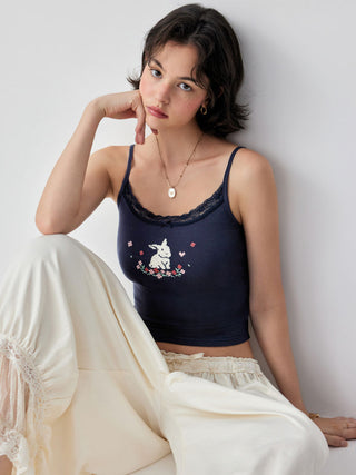 Bunny Graphic Sweetheart Neck Embroidery Lace Trim Bowknot Cami Top