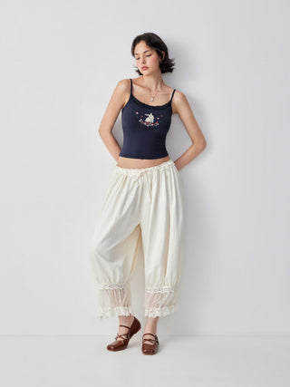 Bunny Graphic Sweetheart Neck Embroidery Lace Trim Bowknot Cami Top