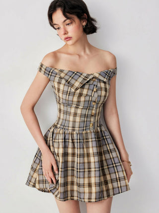 Plaid Off-shoulder Asymmetrical Metal Detail A-line Mini Dress