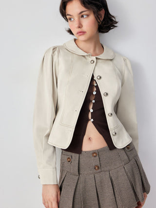 Peter Pan Collar Puff Sleeve Stitch Metal Detail Cotton-blend Jacket