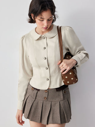 Peter Pan Collar Puff Sleeve Stitch Metal Detail Cotton-blend Jacket