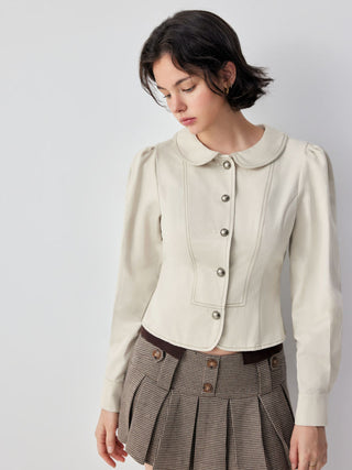 Peter Pan Collar Puff Sleeve Stitch Metal Detail Cotton-blend Jacket