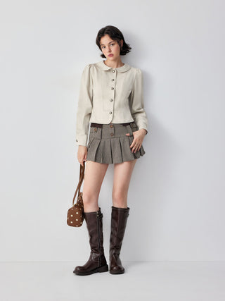 Peter Pan Collar Puff Sleeve Stitch Metal Detail Cotton-blend Jacket