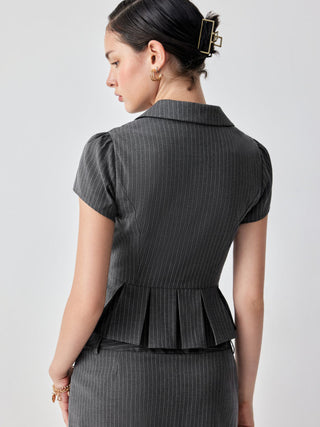 Stripe Notched Collar Puff Sleeve Pleated Hem Blouse
