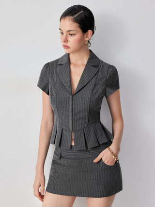 Stripe Notched Collar Puff Sleeve Pleated Hem Blouse