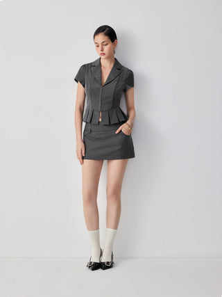 Stripe Notched Collar Puff Sleeve Pleated Hem Blouse