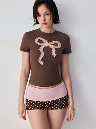 Cotton-blend Ruffle Bowknot Short Sleeve Tee