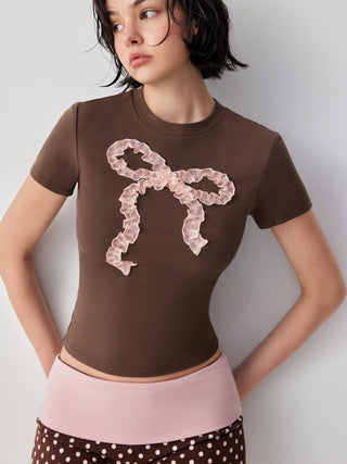 Cotton-blend Ruffle Bowknot Short Sleeve Tee
