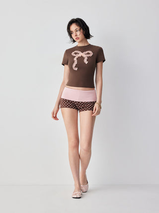 Cotton-blend Ruffle Bowknot Short Sleeve Tee