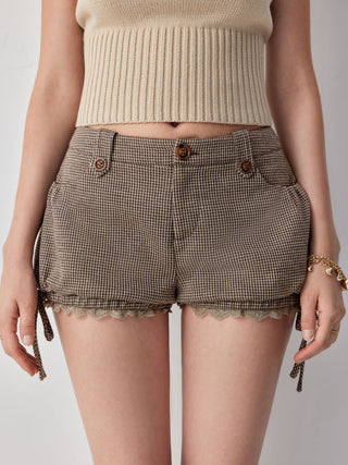 Jacquard Low Rise Houndstooth Lace Trim Bowknot Bloomer Micro Shorts