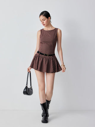 Plaid Boat Neck Drawstring Low Rise A-line Mini Dress