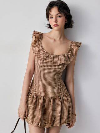 Cotton-blend Gingham Boat Neck Ruffled Bubble Hem Mini Dress