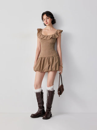 Cotton-blend Gingham Boat Neck Ruffled Bubble Hem Mini Dress