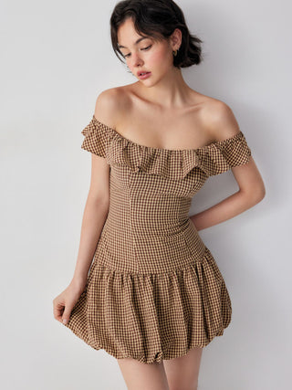 Cotton-blend Gingham Boat Neck Ruffled Bubble Hem Mini Dress