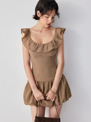 Cotton-blend Gingham Boat Neck Ruffled Bubble Hem Mini Dress