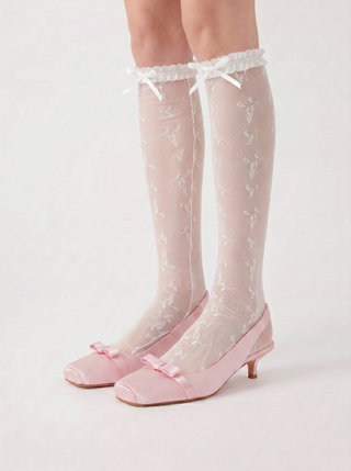 BOWKNOT CRIMPED TRIM LACE OVER THE KNEE SOCKS