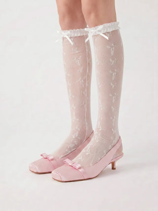 BOWKNOT CRIMPED TRIM LACE OVER THE KNEE SOCKS