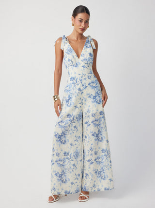 Floral V-neck Bowknot Mid Rise Wide Leg Jumpsuit
