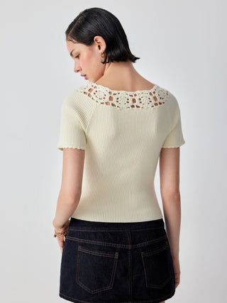 Knit Asymmetrical Neck Short Sleeve Hollow Out Top
