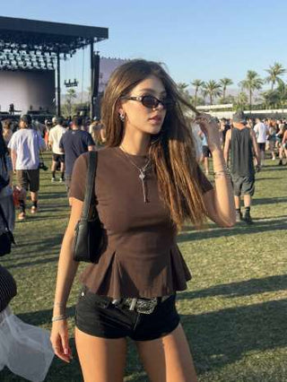 Cotton-blend Short Sleeve Ruffled Hem Tee