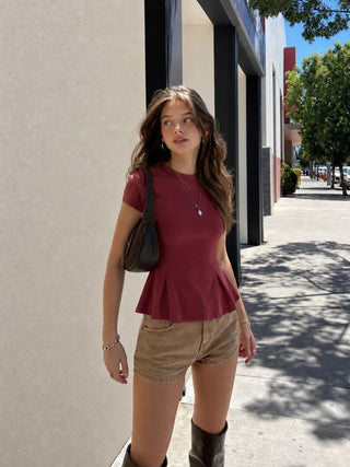 Cotton-blend Short Sleeve Ruffled Hem Tee