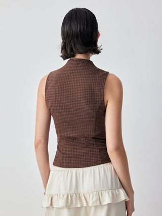 Plaid Stand Collar Sleeveless Blouse