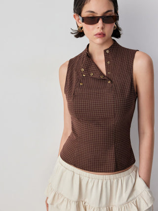 Plaid Stand Collar Sleeveless Blouse