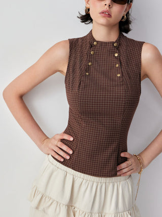 Plaid Stand Collar Sleeveless Blouse