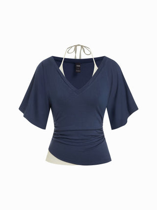 Halter Neck Top & V-neck Ruched Bell Sleeve Tee