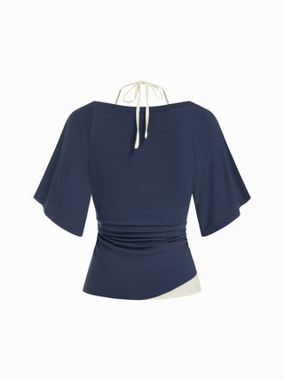 Halter Neck Top & V-neck Ruched Bell Sleeve Tee