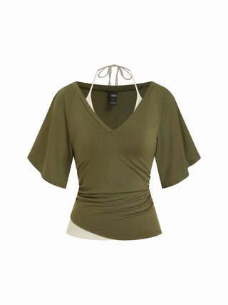 Halter Neck Top & V-neck Ruched Bell Sleeve Tee