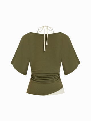 Halter Neck Top & V-neck Ruched Bell Sleeve Tee