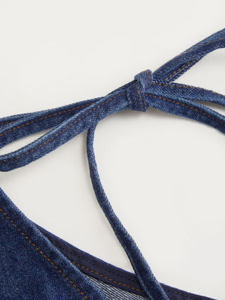 Denim V-neck Tie Back A-line Oversized Mini Dress
