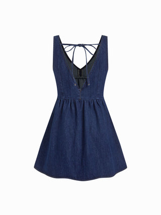 Denim V-neck Tie Back A-line Oversized Mini Dress