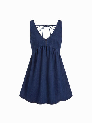 Denim V-neck Tie Back A-line Oversized Mini Dress