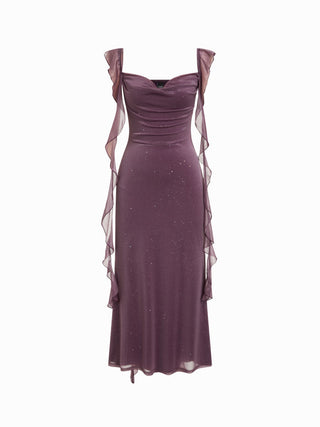 Cowl Neck Solid Glitter Ruffle Hem Maxi Dress