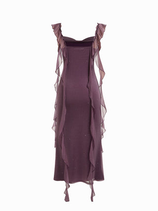 Cowl Neck Solid Glitter Ruffle Hem Maxi Dress