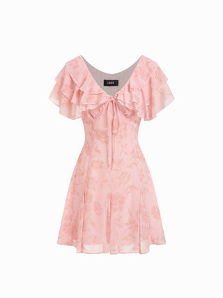 Chiffon V-Neck Dolman Sleeve Floral ALINE Short Dress