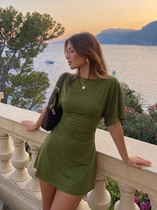 Boat Neck Short Sleeve Ruched A-line Mini Dress