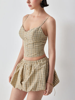 Cotton-blend Plaid Sweetheart Cami Top & Low Rise Bubble Mini Skirt Set