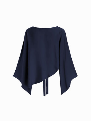 Satin Boat Neck Bell Sleeve Asymmetrical Blouse