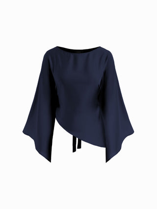 Satin Boat Neck Bell Sleeve Asymmetrical Blouse