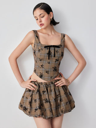Plaid Floral Square Neck Corset Top & Bubble Mini Skirt Set