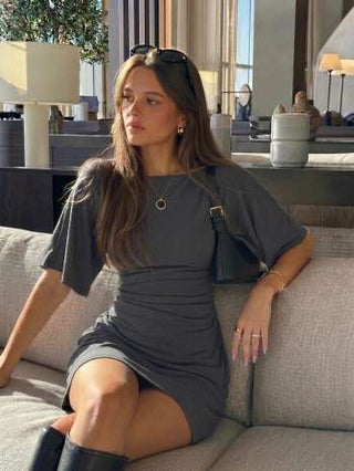 Boat Neck Short Sleeve Ruched A-line Mini Dress
