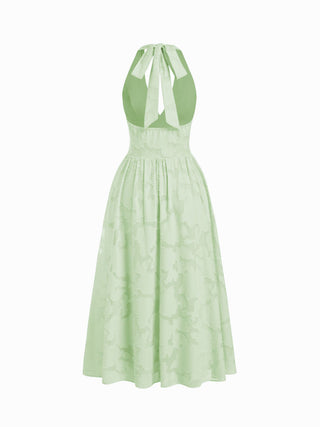 Jacquard Floral Halter Neckline Backless Flared Maxi Dress