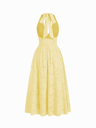 Jacquard Floral Halter Neckline Backless Flared Maxi Dress